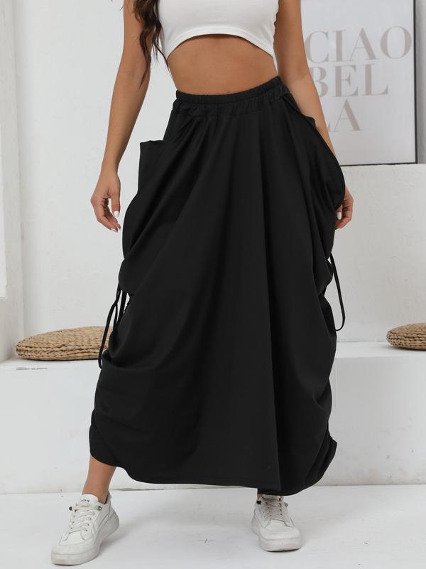 Women's Plain Ruched Drawstring Design Skirt, Street Fashion Casual Pocket Long Skirt for Daily Wear, Ladies Bottoms for All Seasons