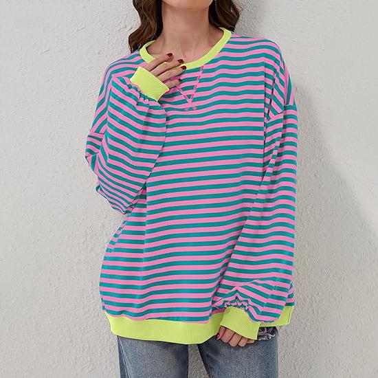 Women Striped Oversized Sweatshirt Color Block Crew Neck Long Sleeve Shirt Casual  Pullover Top Fall Y2K Clothes Cotton Crewneck free  people strie