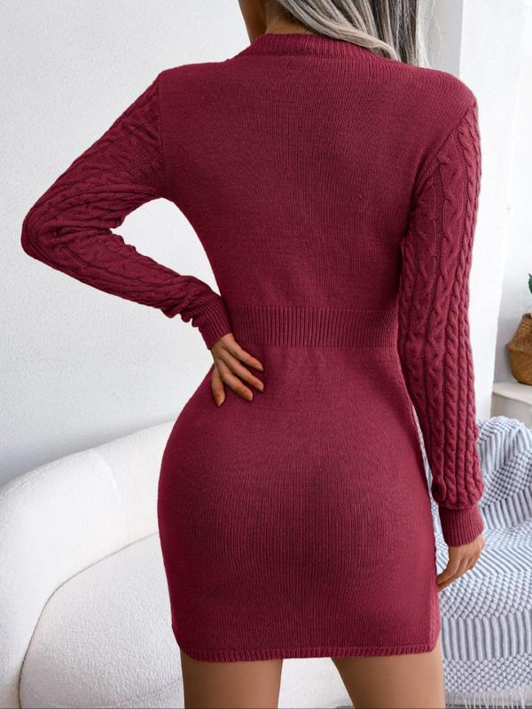 Women's Soild Textured Cut Out Round Neck Bodycon Sweater Dress, Casual Long Sleeve Crew Neck Short Dress for Fall & Winter, Women's Longsleeves Clothing for Daily Wear