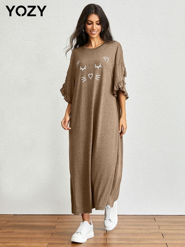 YOZY [4 colors] Cat Print Tee Dress, Loose Ruffle Trim Petal Sleeve Flattering Tummy Drop Shoulder Long Dresses, 2024 Women's Home Lounge Sleepwear for All Season