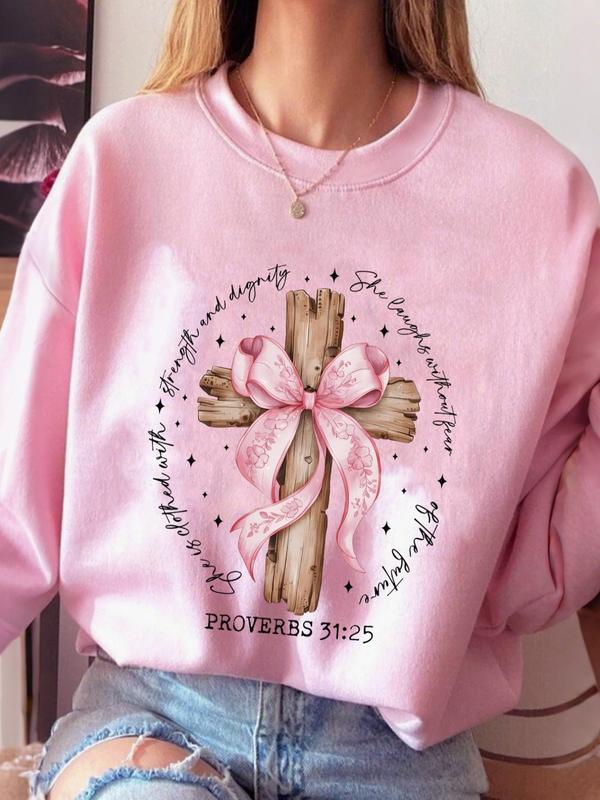 Women's Cross & Bow Print Drop Shoulder Sweatshirt, Letter Print Long Sleeve Round Neck Pullover, Women's Fall & Winter Clothes for Daily Wear