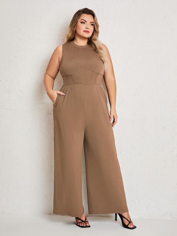 Plus Size Solid Pocket Wide Leg Tank Jumpsuit, Summer Clothes Women, Casual Sleeveless Round Neck Jumpsuit, Women's Plus Clothing for Daily Wear