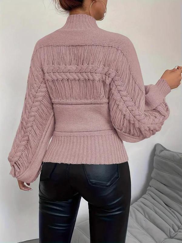 Women's Plain Ripped Lantern Sleeve Cable Knit Sweater, Casual Mock Neck Long Sleeve Jumper for Spring & Fall, Fashion Women's Knitwear for Daily Wear