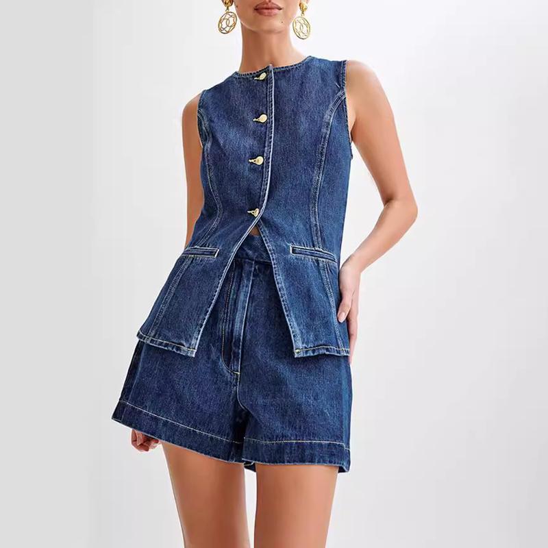 Women's Denim Long Vest Tops Button-up Back Slit Sleeveless Pocket Round Neck Waistcoat