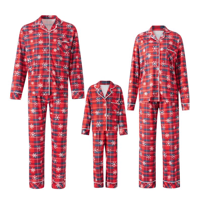 Red Family Matching Pajamas Christmas Snowflake Plaid Print Long Sleeve Button Tops and Casual Pants Xmas Pj's Clothes Homewear Sleepwear Loungewear Nightwear Womenswear Mum