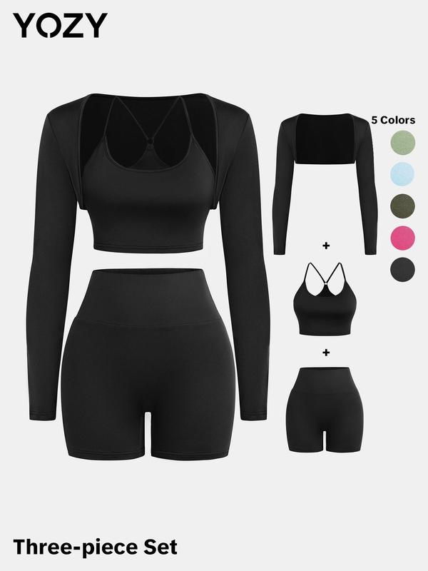 YOZY [6 colors, size 0 2-14] Long Sleeve Crop Outwear & Ring Linked Cami Top & High Waist Stretchy Shorts Set, Back To School Outfits, 2024 Women's Outfits for Daily, Yoga, Gym, Workout, [XS-XXL]