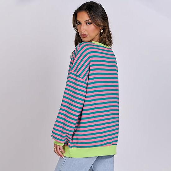 Women Striped Oversized Sweatshirt Color Block Crew Neck Long Sleeve Shirt Casual  Pullover Top Fall Y2K Clothes Cotton Crewneck free  people strie