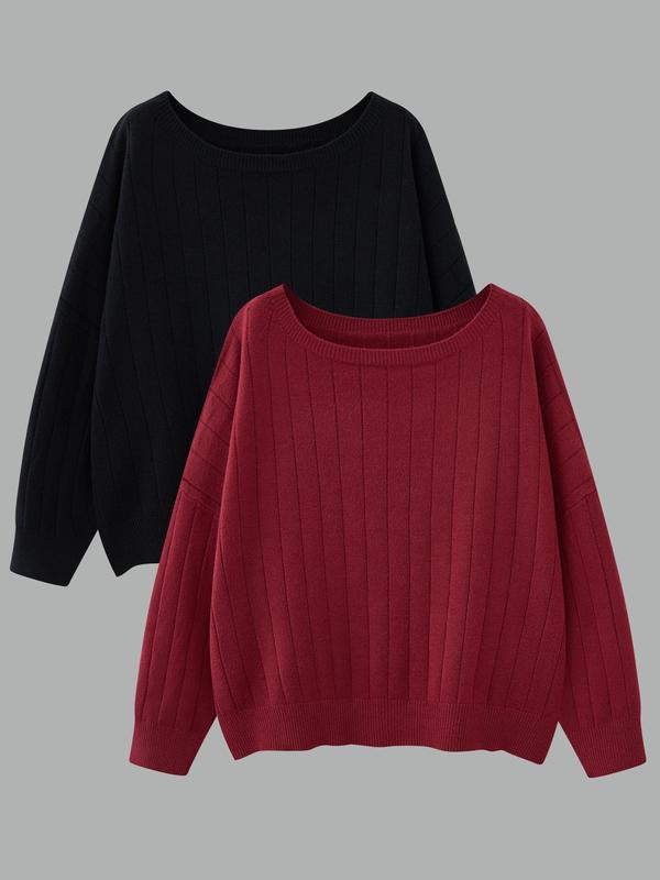  Solid Drop Shoulder Sweater, Casual Long Sleeve Scoop Neck Jumper for Spring & Fall, Women's Clothing for Daily Wear