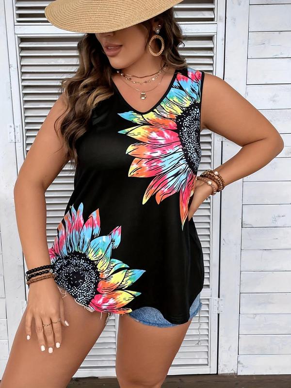 Plus Size Floral Print V Neck Tank Top, Casual Sleeveless Top, Comfort Lady Womenswear,  Tank Tops Summer Outfits 2024, Women's Clothing