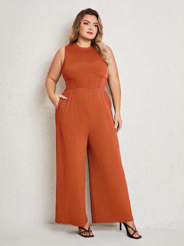 Plus Size Solid Pocket Wide Leg Tank Jumpsuit, Summer Clothes Women, Casual Sleeveless Round Neck Jumpsuit, Women's Plus Clothing for Daily Wear