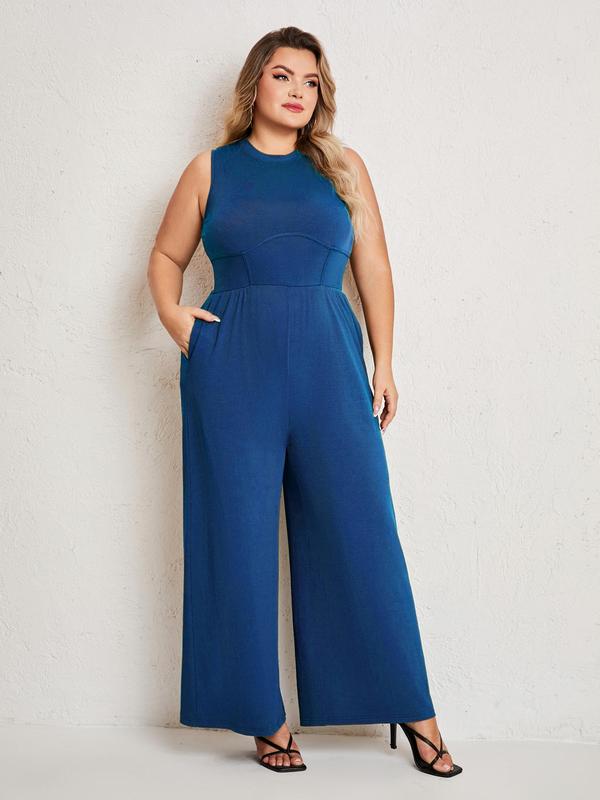 Plus Size Solid Pocket Wide Leg Tank Jumpsuit, Summer Clothes Women, Casual Sleeveless Round Neck Jumpsuit, Women's Plus Clothing for Daily Wear