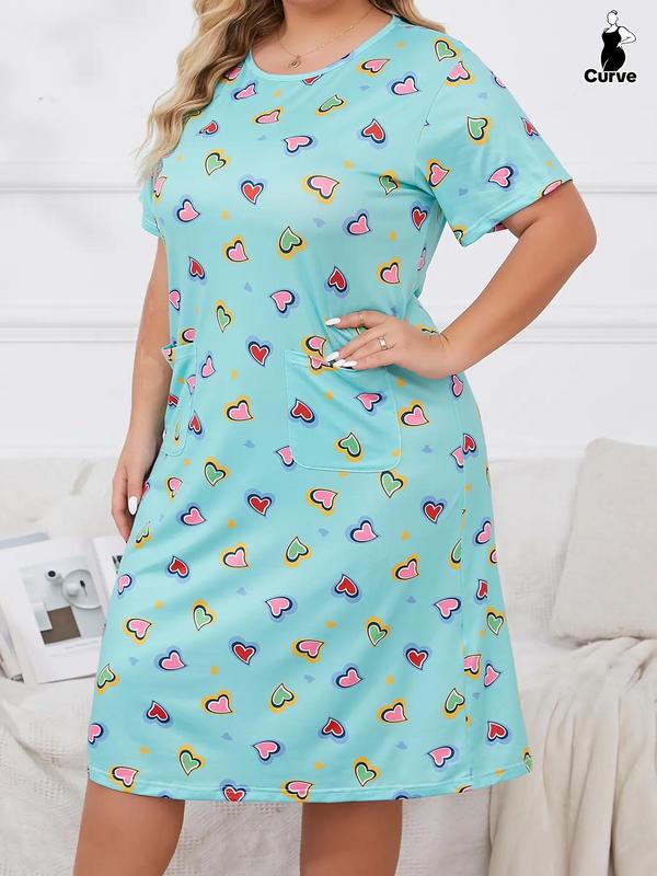 Plus Size All Over Print Pocket Round Neck Nightdress, Casual Soft Comfortable Short Sleeve Nightgown For Women, Women's Sleepwear For All Seasons