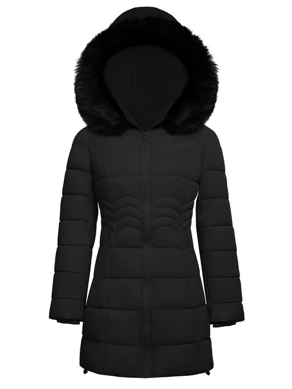 Women's Solid Color Contrast Faux Fur Hooded Quilted Jacket, Casual Long Sleeve Zip Up Outerwear for Fall & Winter, Ladies Clothes for Daily Wear