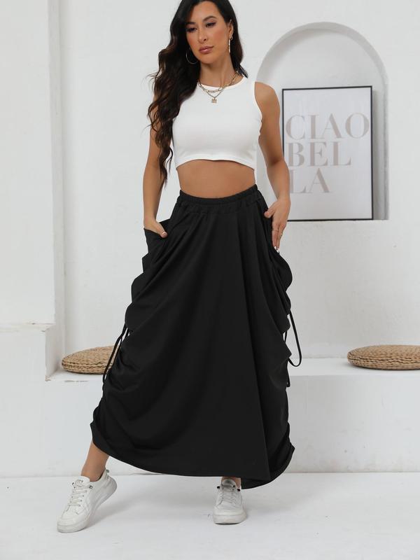 Women's Plain Ruched Drawstring Design Skirt, Street Fashion Casual Pocket Long Skirt for Daily Wear, Ladies Bottoms for All Seasons