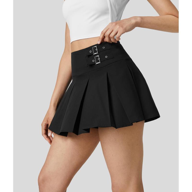 Halara High Waisted Invisible Zipper Decorative Buckle 2-in-1 Side Pocket Pleated A Line Mini Dance Skirt