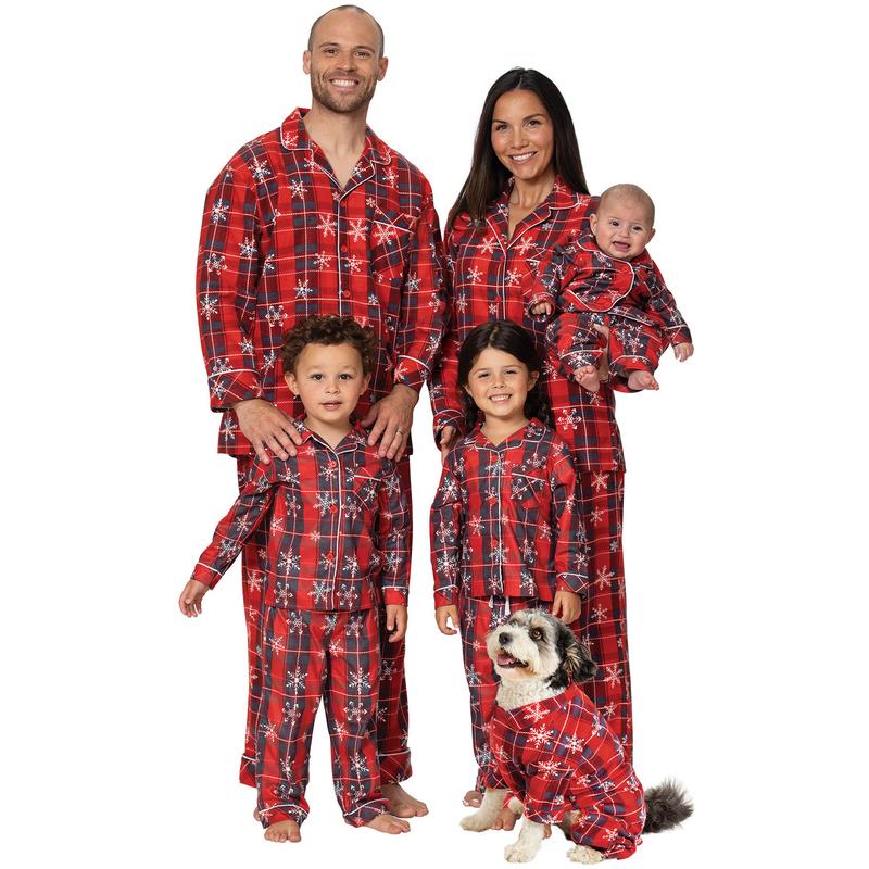 Red Family Matching Pajamas Christmas Snowflake Plaid Print Long Sleeve Button Tops and Casual Pants Xmas Pj's Clothes Homewear Sleepwear Loungewear Nightwear Womenswear Mum