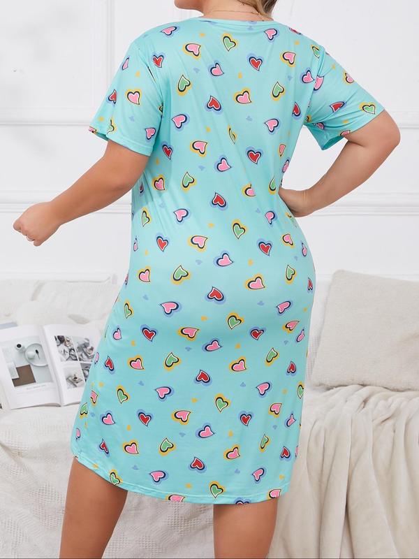 Plus Size All Over Print Pocket Round Neck Nightdress, Casual Soft Comfortable Short Sleeve Nightgown For Women, Women's Sleepwear For All Seasons