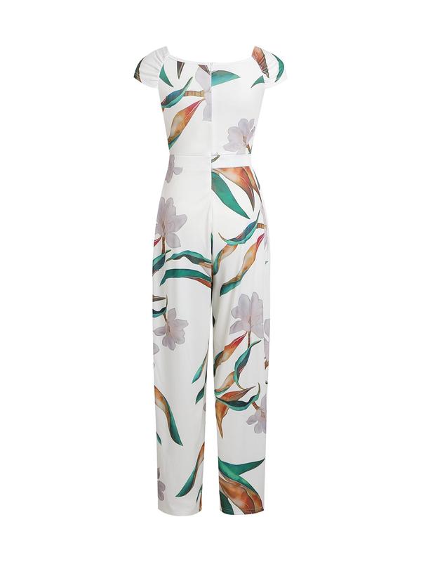 Women's Floral Print Wrap Wide Leg Jumpsuit, Boho Off The Shoulder Jumpsuit, Summer Outfits 2024, Back To School Outfits, Ladies Summer Clothes for Beach Vacation, Jumpsuits for Women, Holiday Outfits 2024 for Lady, Womenswear