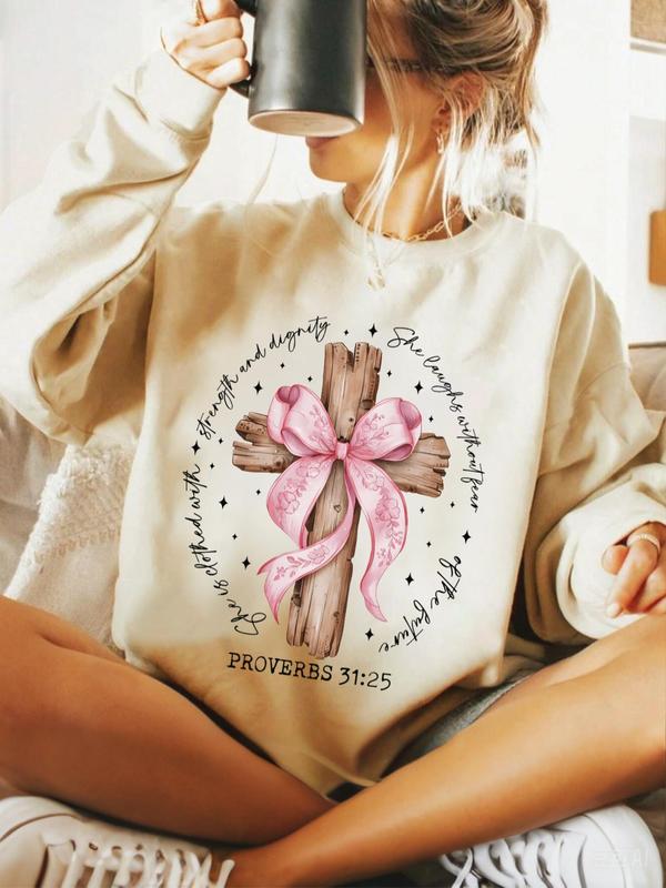 Women's Cross & Bow Print Drop Shoulder Sweatshirt, Letter Print Long Sleeve Round Neck Pullover, Women's Fall & Winter Clothes for Daily Wear