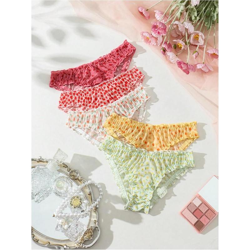 Women's 5 Pack Cute Briefs Frilly Lettuce Trim Mid Rise Mesh Panty Sets Underwear