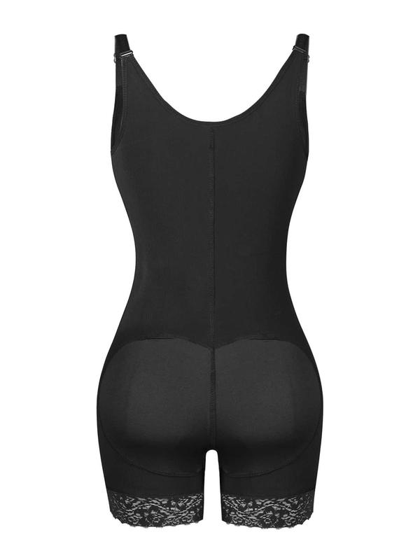 Women's Plain Contrast Lace Zipper Cami Shapewear Romper, Adjustable Strap Tummy Control Hip Lifter Shapewear Romper, Comfortable Shaper for Daily Wear