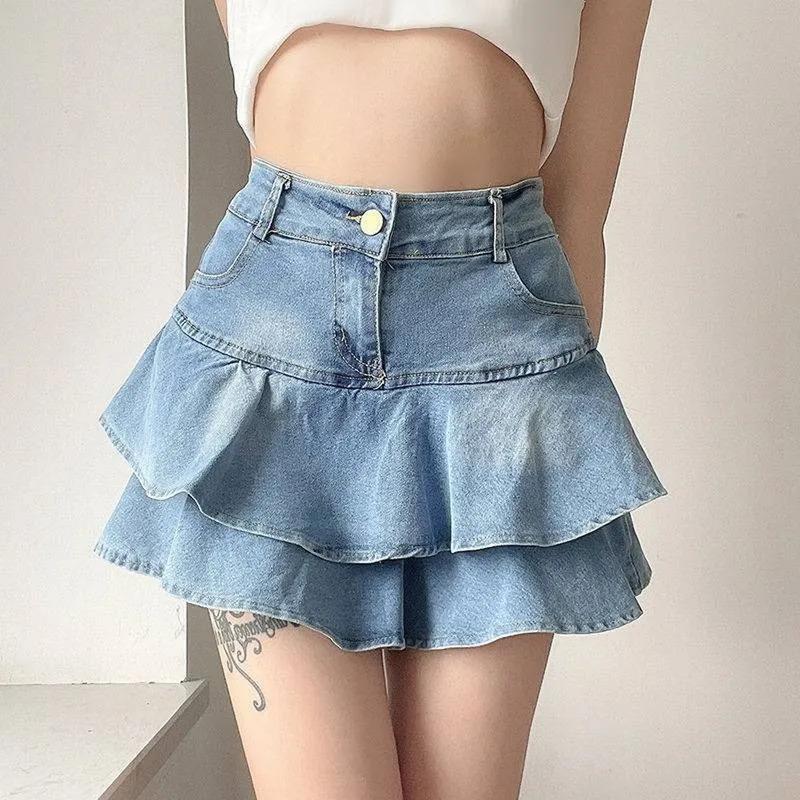 Vintage Denim Skirt Shorts Women Summer Korean Fashion High Waist A-line Wash Blue Slim Cute Sexy Mini Jeans Ruffle Skirt Female