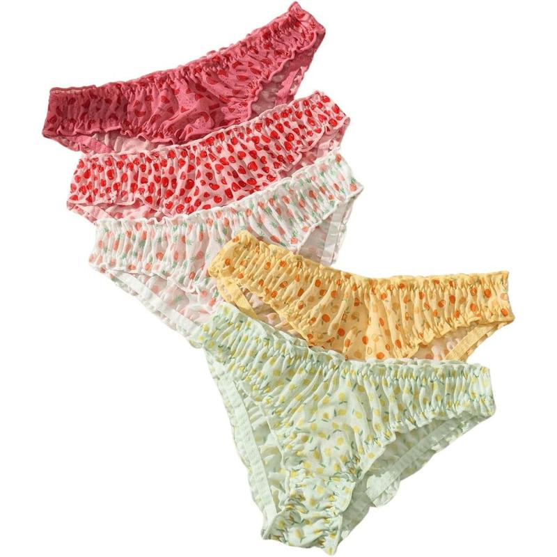 Women's 5 Pack Cute Briefs Frilly Lettuce Trim Mid Rise Mesh Panty Sets Underwear