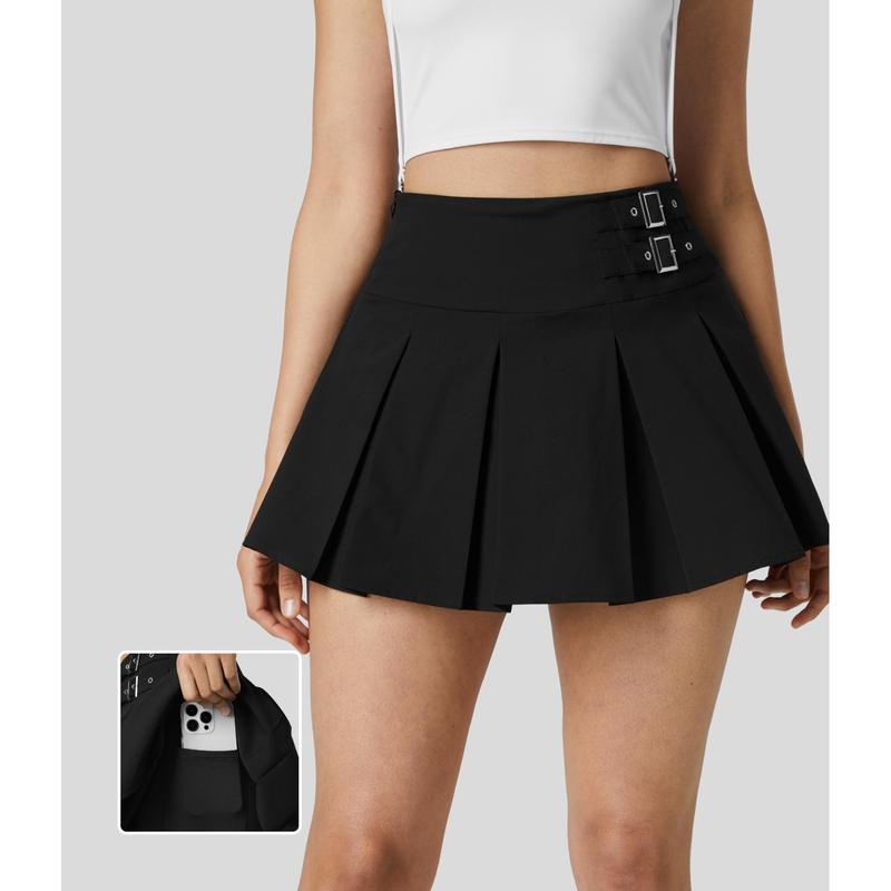 Halara High Waisted Invisible Zipper Decorative Buckle 2-in-1 Side Pocket Pleated A Line Mini Dance Skirt