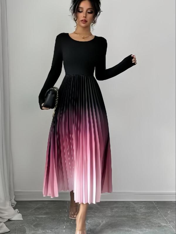 Women's Ombre Print Pleated A Line Dress, Elegant Long Sleeve Round Neck Midi Dress for Party Holiday Wedding Guest, Ladies Clothes for All Seasons