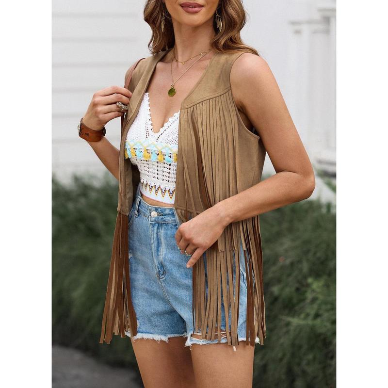 Dokotoo Womens Fringe Vest 70s Hippie Costume Sleeveless Cowgirl Western Faux Suede Tassel Leather Outerwear