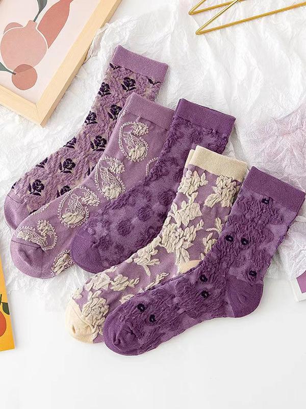 Women's 5 Pairs Floral Jacquard Crew Socks, Fashionable Vintage Cozy Socks for Daily Wear, Women Socks for All Seasons