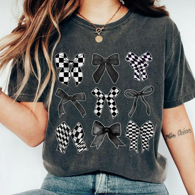 Coquette Checkered Black Bow Shirt, Black Bows Coquette Shirt, Gift for Her, Gift for Mom, T-Shirt for Women, Coquette Bows Checkered T-Shirt, Black Bows Tee, Vintage Coquette Aesthetic, Cute Ribbon TShirt, Checkered Coquette Tee Gifts, Comfort Top