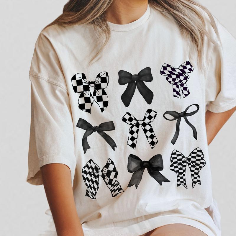 Coquette Checkered Black Bow Shirt, Black Bows Coquette Shirt, Gift for Her, Gift for Mom, T-Shirt for Women, Coquette Bows Checkered T-Shirt, Black Bows Tee, Vintage Coquette Aesthetic, Cute Ribbon TShirt, Checkered Coquette Tee Gifts, Comfort Top