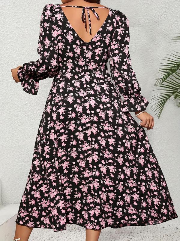 Plus Size Ditsy Floral Print Ruched Tie Front Split Thigh A Line Dresses for Women, Boho Elegant Vintage Zipper Back Backless Flounce Sleeve Square Neck Dress Birthday Dresses 2024, Women's Clothes for Fall Casual Wear