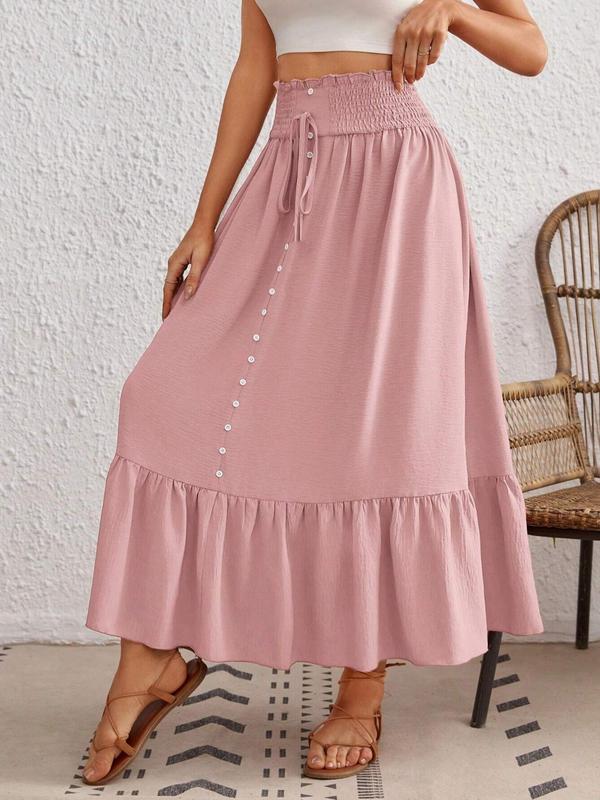 Women's Plain Paper Bag Waist Shirred Ruffle Hem A Line Skirt, Boho Fashion Button Bow Decor High Waist Long Skirt for Daily Holiday Vacation Wear, Ladies Bottoms for Summer