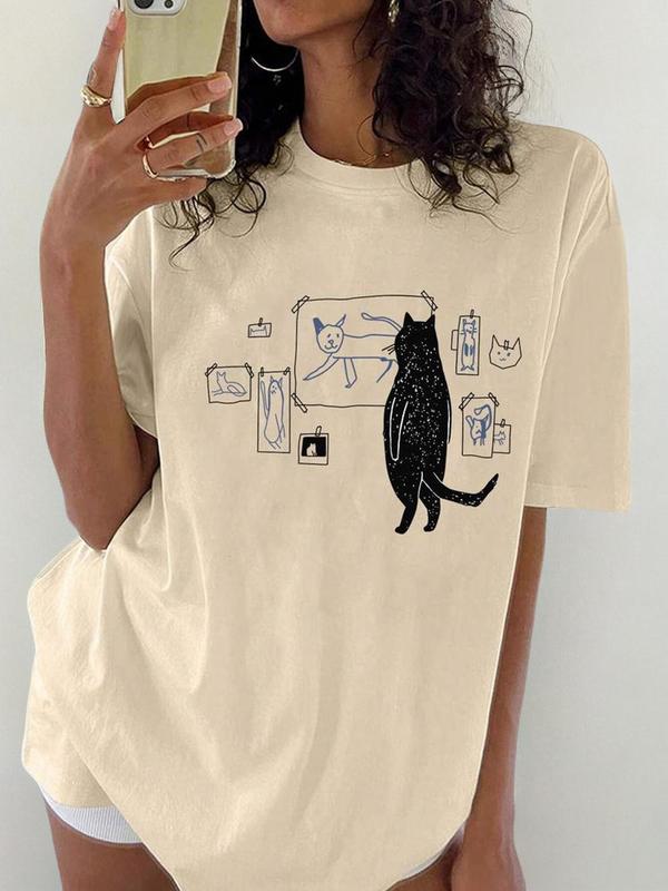 Women's Cartoon Cat Print Drop Shoulder Tee, Casual Half Sleeve Round Neck T-shirt, Vintage Graphic Tees, Summer Clothes Women, Graphic Tees, Ladies Clothing for Daily Wear