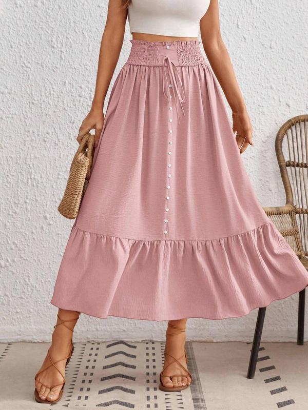 Women's Plain Paper Bag Waist Shirred Ruffle Hem A Line Skirt, Boho Fashion Button Bow Decor High Waist Long Skirt for Daily Holiday Vacation Wear, Ladies Bottoms for Summer