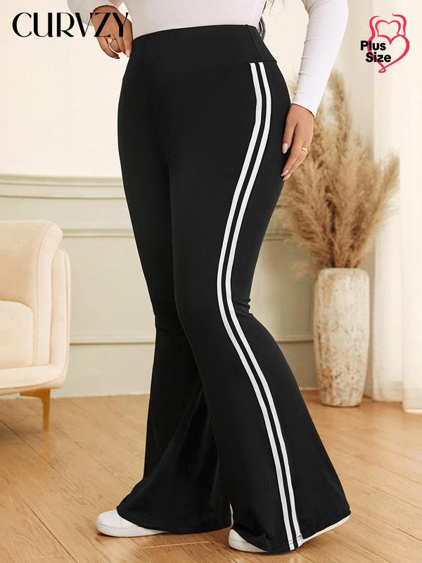 CURVZY Plus Size Colorblock Side Stripe Flare Leg Pants, Casual Comfy High Waist Bell Bottom Trousers for Daily Wear, Women's Bottoms for All Seasons