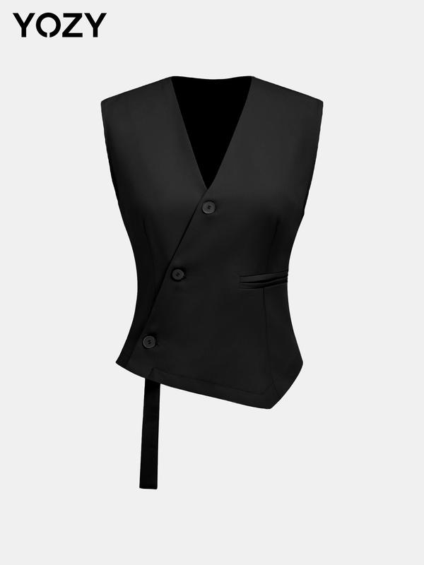 YOZY [2 colors, size 4-14] Asymmetrical Hem Vest Blazer, Commuter Fashion Solid V Neck Button Front Sleeveless Suit Vest, 2024 Women's Daily Wear for All Seasons, [S-XXL]