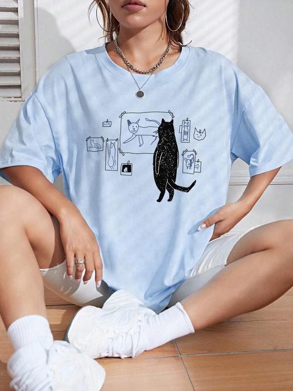 Women's Cartoon Cat Print Drop Shoulder Tee, Casual Half Sleeve Round Neck T-shirt, Vintage Graphic Tees, Summer Clothes Women, Graphic Tees, Ladies Clothing for Daily Wear