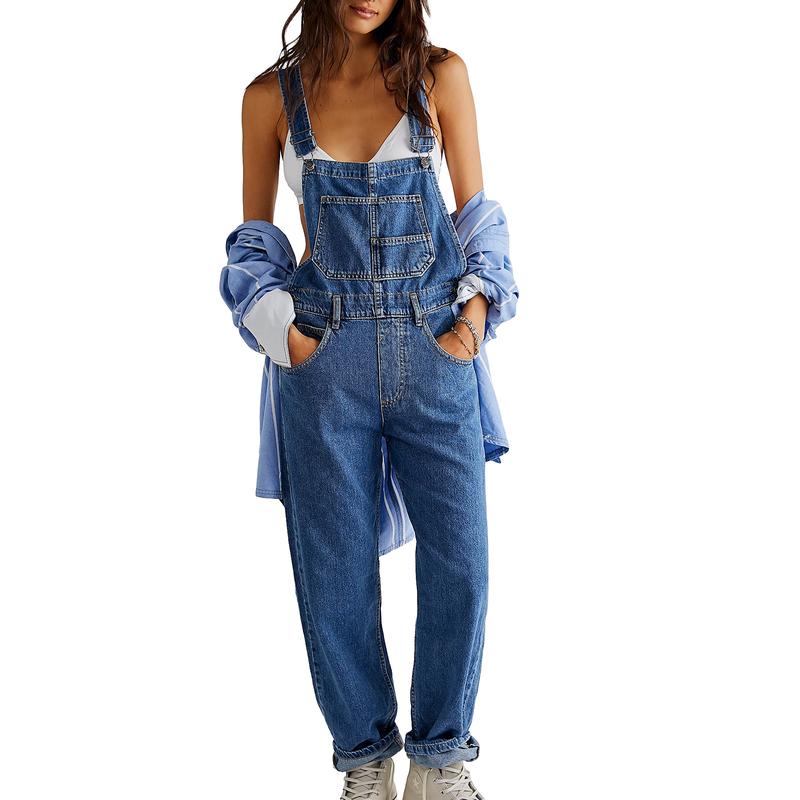 Women Vintage Retro Denim Long Jumpsuit Casual Spaghetti Strap Straight Romper Suspender Pants Summer Baggy Bib Loose Overalls