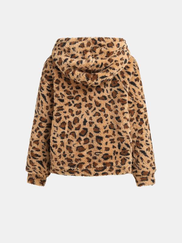 YOZY Women's Leopard Print Pocket Zip Up Fleece Jacket, Casual Long Sleeve Drop Shoulder Outerwear for Fall & Winter, Women's Clothes for Daily Wear