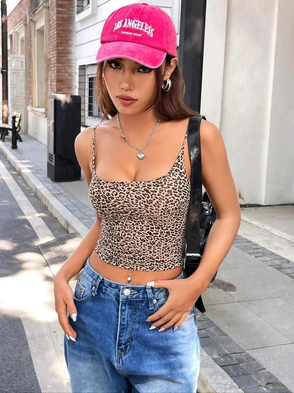 Women's Leopard Print Backless Crop Cami Top, Casual Spaghetti Strap Top for Summer, Ladies Clothes for Daily Wear, Experimental Outfits