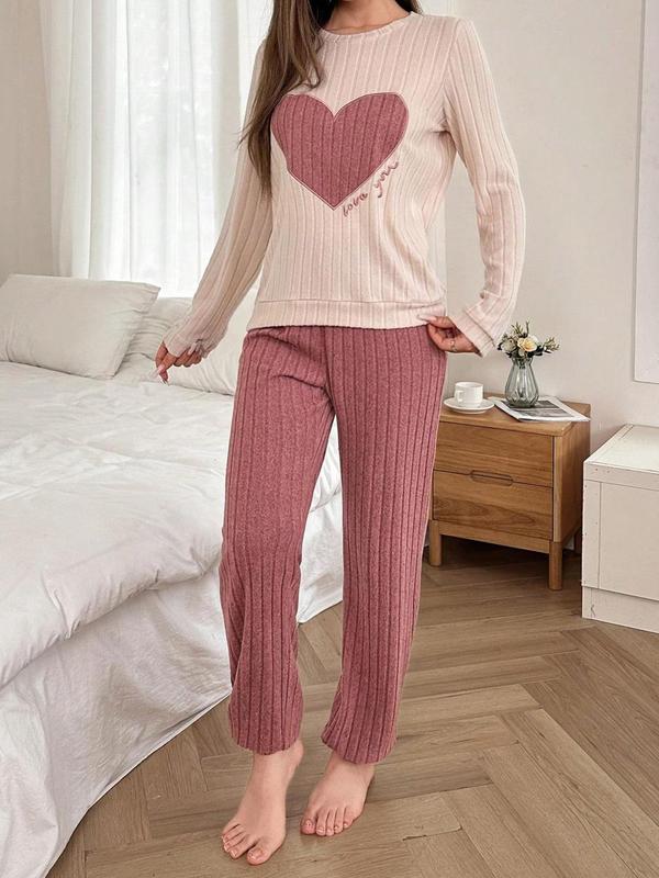 Two-Piece Set Women's Colorblock Heart Print Crew Neck Sweatshirt & Pants Plush Pajama, Casual Comfy Round Neck Long Sleeve Pullover & Trousers PJ Set, Ladies Sleepwear for Fall