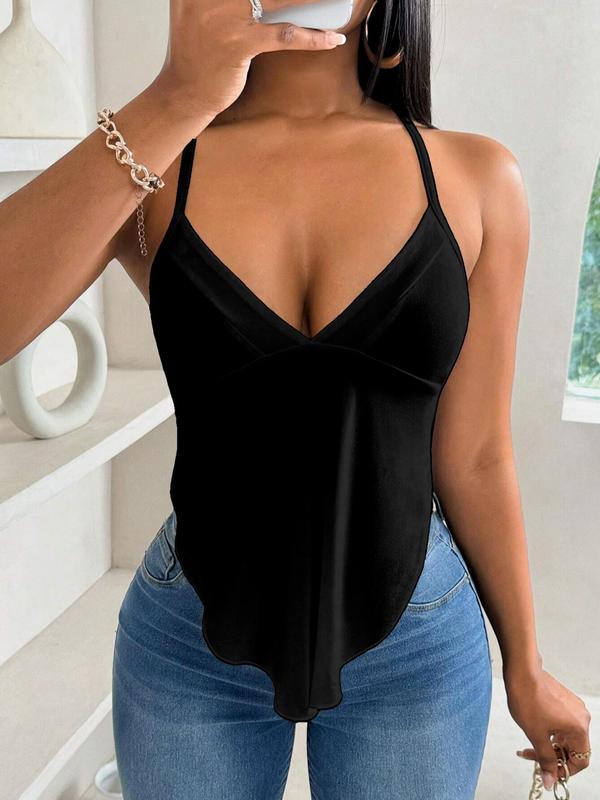 Women's Plain Lace Up Backless Asymmetrical Hem Cami Top, Casual Sleeveless V Neck Top for Summer, Ladies 90s Clothes for Daily Wear