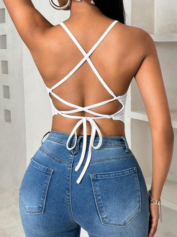 Women's Plain Lace Up Backless Asymmetrical Hem Cami Top, Casual Sleeveless V Neck Top for Summer, Ladies 90s Clothes for Daily Wear