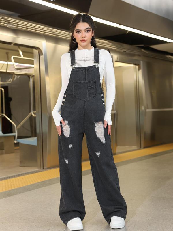 Women's Plain Ripped Button Overalls Jumpsuit, Casual Fashion Denim Overalls for Daily Wear, Ladies Clothes for All Seasons