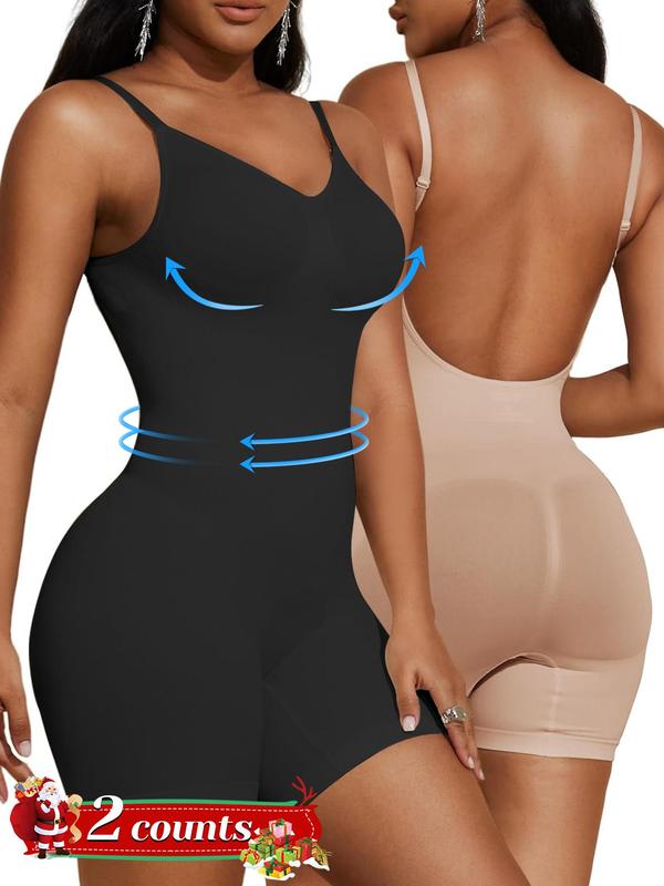 Women's Solid Backless Adjustable Strap Shapewear Bodysuit, Tummy Control Butt Lifting Seamless Shaper, Women's Shapewear for All Seasons, Fall Wear, Earthtone Fallfreshness