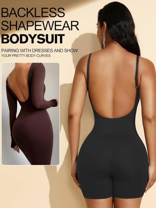 Women's Solid Backless Adjustable Strap Shapewear Bodysuit, Tummy Control Butt Lifting Seamless Shaper, Women's Shapewear for All Seasons, Fall Wear, Earthtone Fallfreshness