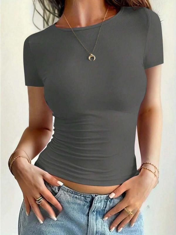 Women's Plain Round Neck Tee, Casual Short Sleeve Crew Neck T-shirt for Daily Wear, Ladies Clothes for Summer, Black Girl Outfits